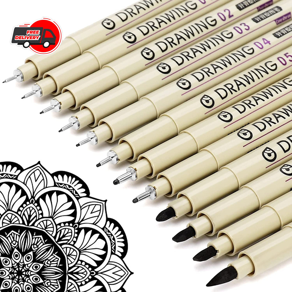 Micro Fineliner Drawing Art Pens: 12 Black Fine Line Waterproof Ink Set Artist S