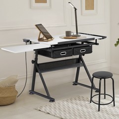Adjustable Drafting Table with Stool Drawing Desk Artist Table with Outlet White