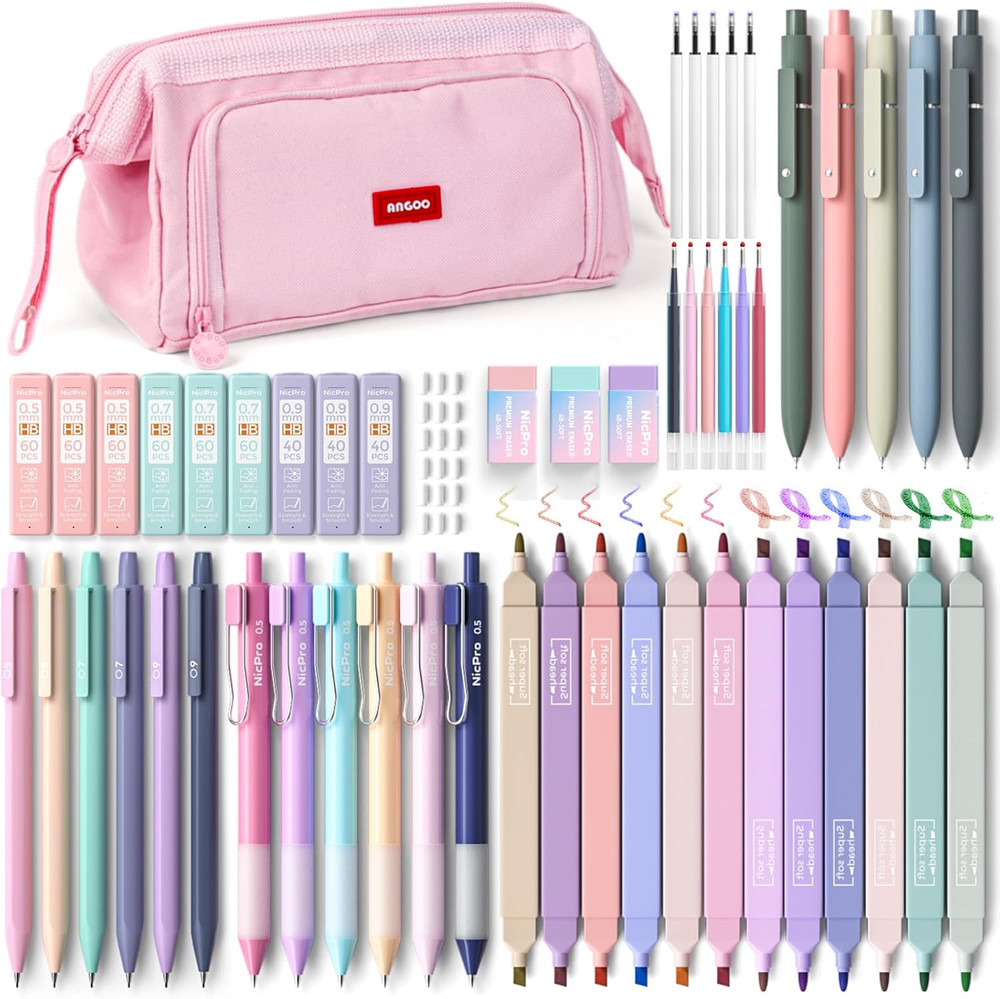 55PCS Aesthetic School Supplies with Pencil Case, 12 Pastel Highlighters, 11 Gel