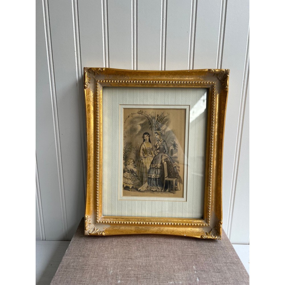Antique Victorian Lithograph Ornate Gold Gilded Frame 19th Century French Print