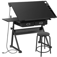 Adjustable Drafting Table with Outlet Artist Drawing Table with Stool Black