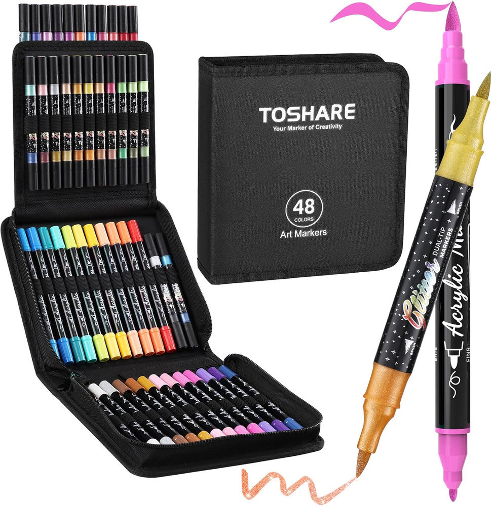 TOSAHRE 72 Colors 48 Pack Dual Tip Glitter Markers & Acrylic Marker Set Shimmer