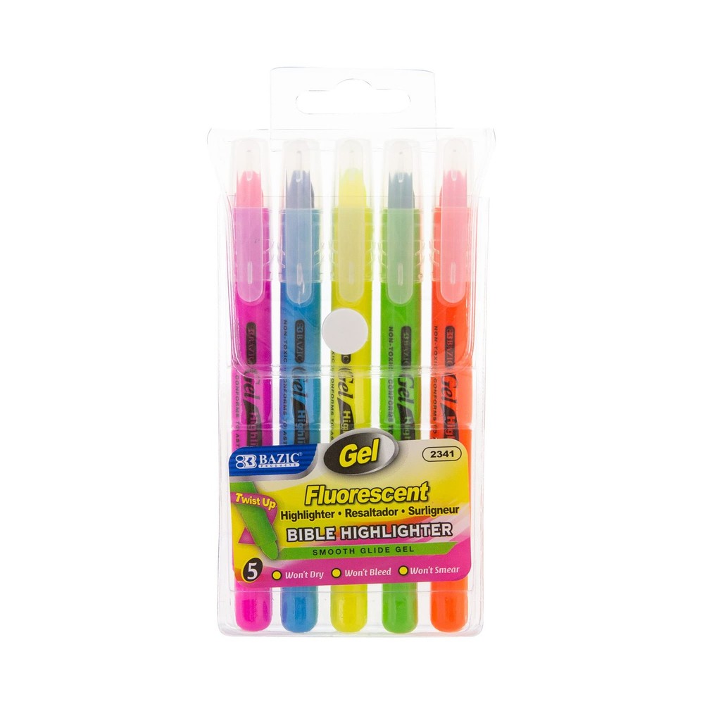 BAZIC Fluorescent Gel Highlighter, Soft Vivid Neon, Quick Dry, 5-Pack