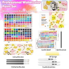 168 Colors Watercolor Paint Set Travel Kit 3 Brushes Craft Drawing Art Supply