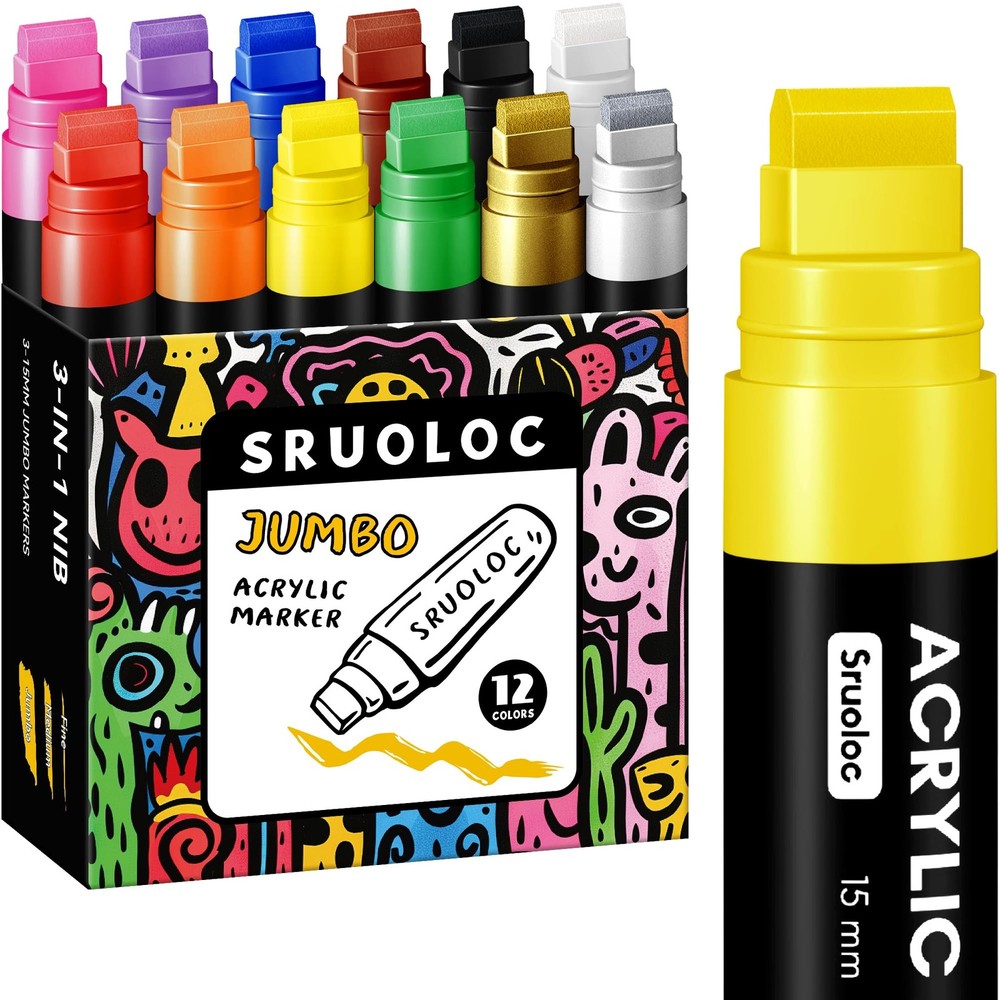 SRUOLOC 12 Colors Jumbo Markers, 15mm Jumbo Felt Tip, Acrylic Paint Markers f…