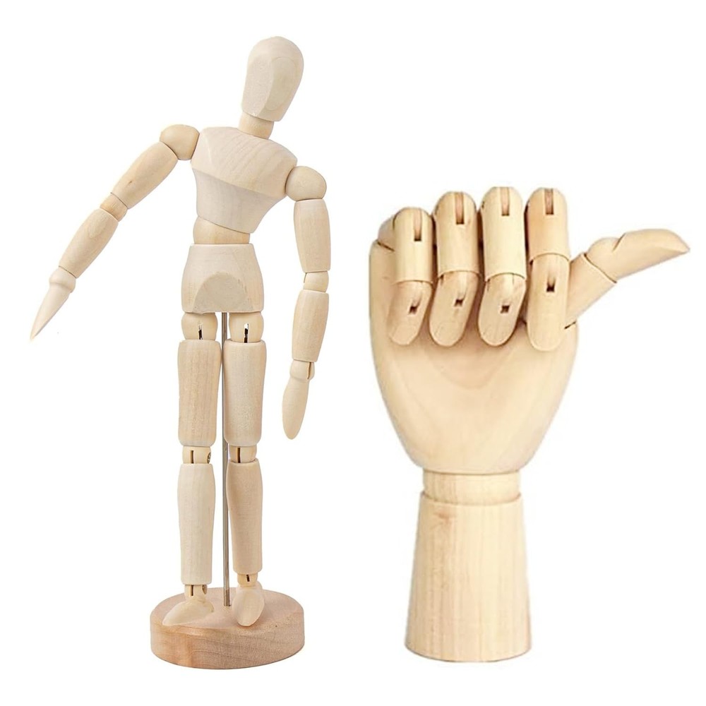 2 Pack 8″ Drawing Mannequin,7″ Little Hand Model,Artists Wooden Drawing Figure A