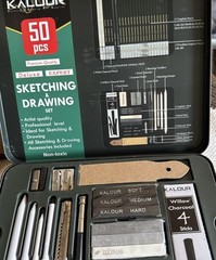 Kalour 52 Piece Sketching Set in Metal Box w/2 Sketch Books NEW Ship Included