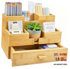 Bamboo Desk Organizer – Countertop Drawers Organizer Tabletop Wood Log Color