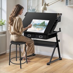Drawing Drafting Table Stage Platform Adjustable Height W/ Stool Outlet Black