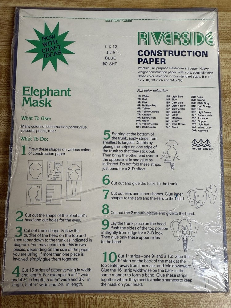 Riverside Construction Paper Elephant Mask Blue 50 Sheets BRAND NEW SEALED RARE