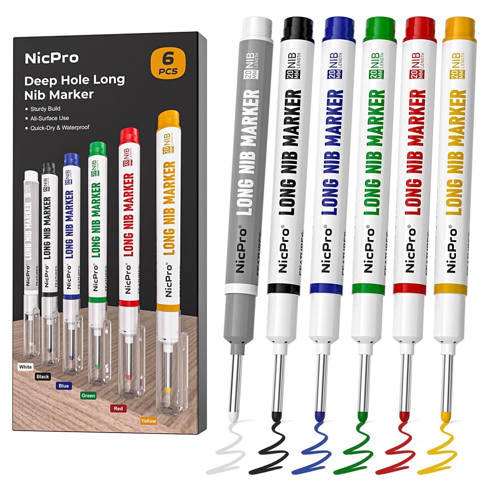 Nicpro 6 PCS Long Nib Marker Pens, 20mm Deep Hole Marker, 6 Pcs, Multicolor