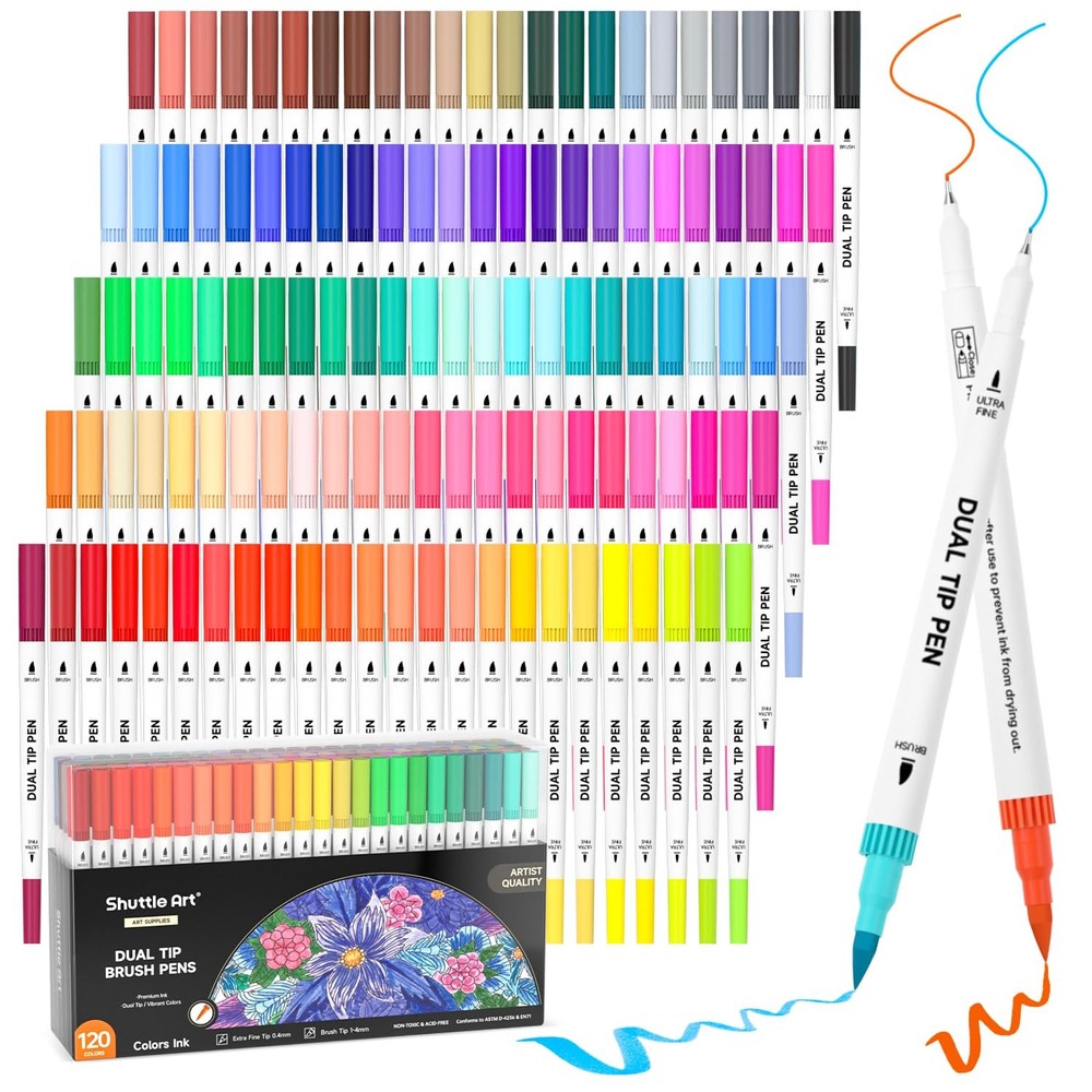 120 Colors Dual Tip Brush Marker Pens with 1 Coloring Book, Fineliner and Bru…