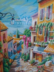 LARGE PAINT BY NUMBER 28 x 24″ Cafe Street Scene Lake MOUNTAIN handmade