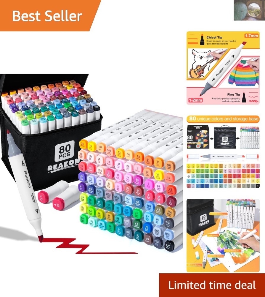 80-Color Alcohol Markers with Fine & Chisel Tips – Waterproof Art Set