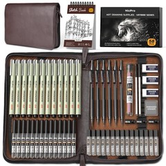 Nicpro 58PCS Art Drawing Supplies Kit in Leather Case, MP1000 Black Metal Mechan