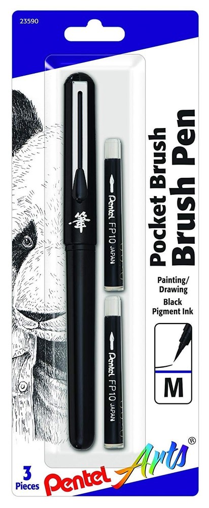 Pentel Arts Pocket Brush Pen with Refills, 1 & 1 Count (Pack of 1), Black