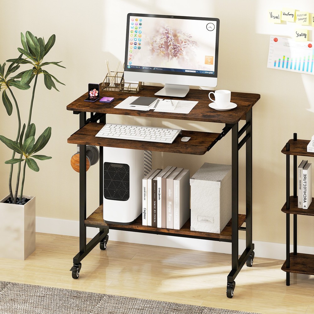 Rolling Laptop Table with Pull-out Keyboard Tray and Hooks-Rustic Brown