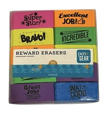 100 Bright Multicolor Teacher Student Reward Erasers Pen+Gear Latex Free