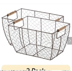 Decorative Brown Chicken Wire Basket with Wood Handles. 12.2x8x7.28