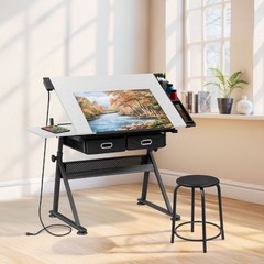 Adjustable Drafting Table with Stool Drawing Desk Artist Table with Outlet White