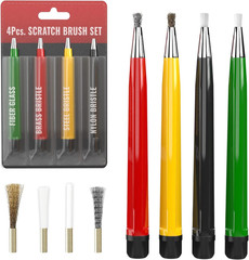 Scratch Brush Pen Set with Replacement Tips, Fiberglass, Steel, Brass, Nylon, 5-