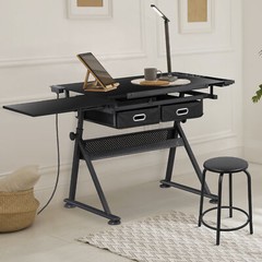 Adjustable Drafting Drawing Table Tabletop Tiltable w/ Stool & Outlet Black