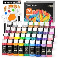 Shuttle Art Acrylic Paint Set 36 Colors 2 fl oz Tubes Brushes Palette Non-Toxic