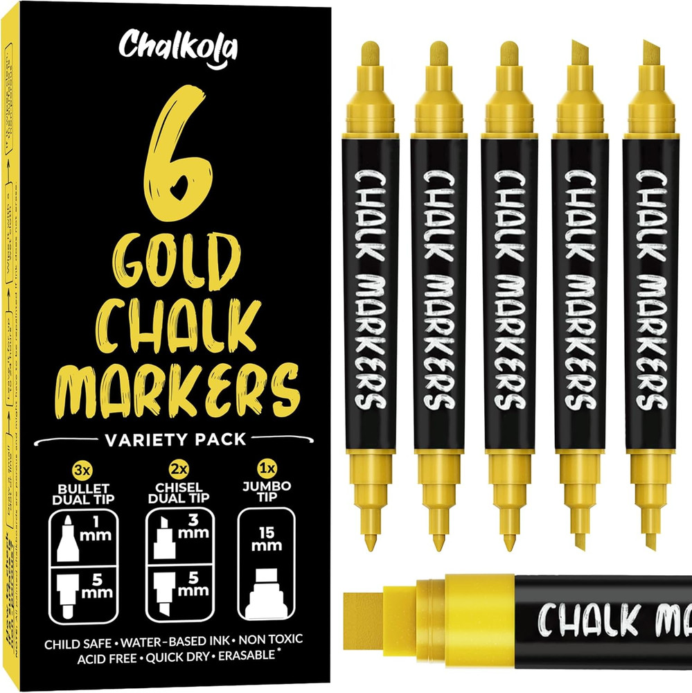 6 Gold Chalk Markers – Dual Tip, Fine & Jumbo Tip (1Mm, 3Mm, 5Mm, 15Mm) | Erasab