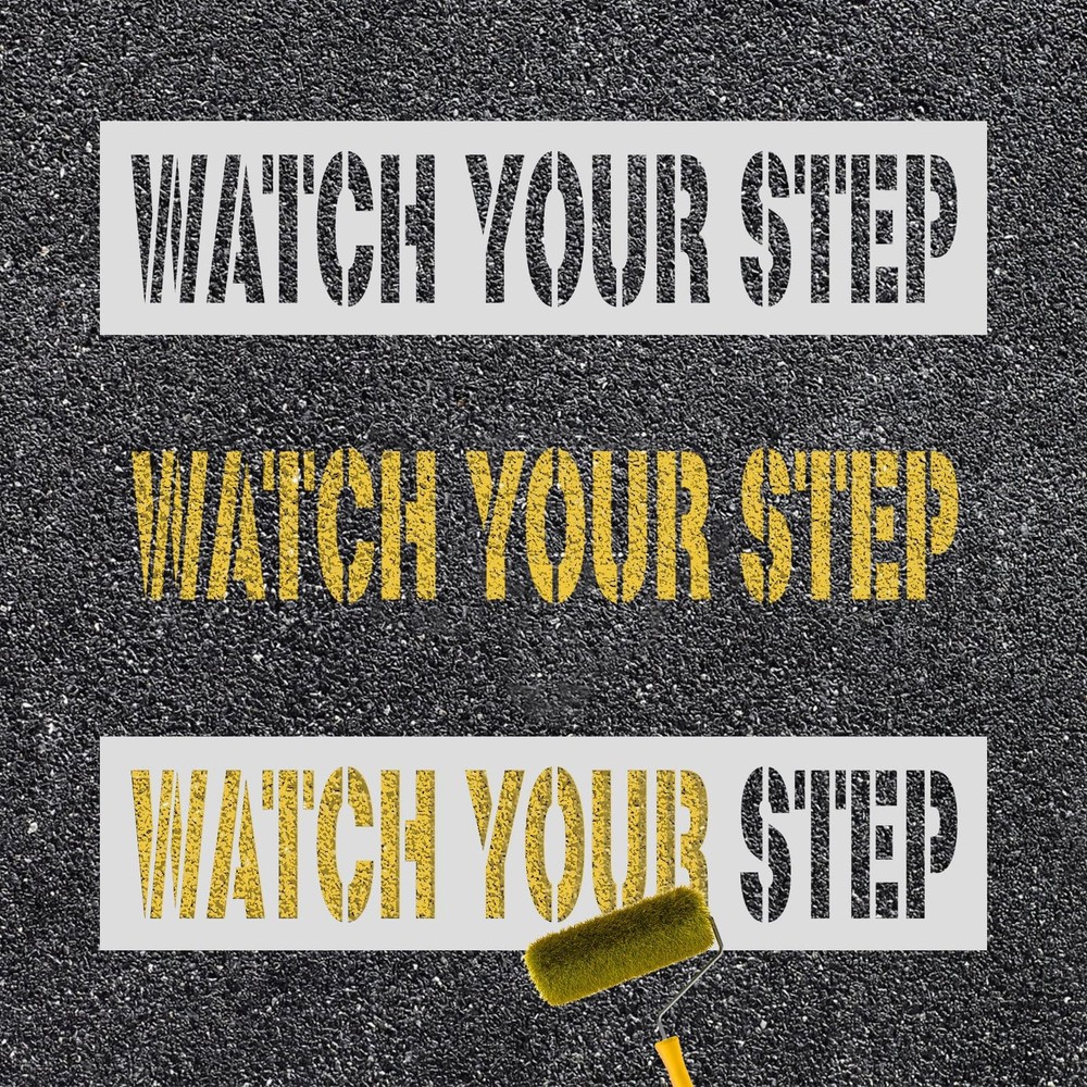 PEUTIER 2pcs Watch Your Step Stencils, 22.83×5.51 inch Warning Sign M, White