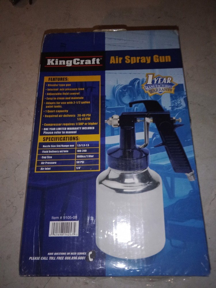 King Craft Air Spray Gun 1qt NOB Bleeder Type 1.5-4 CFM Required Easy Clean
