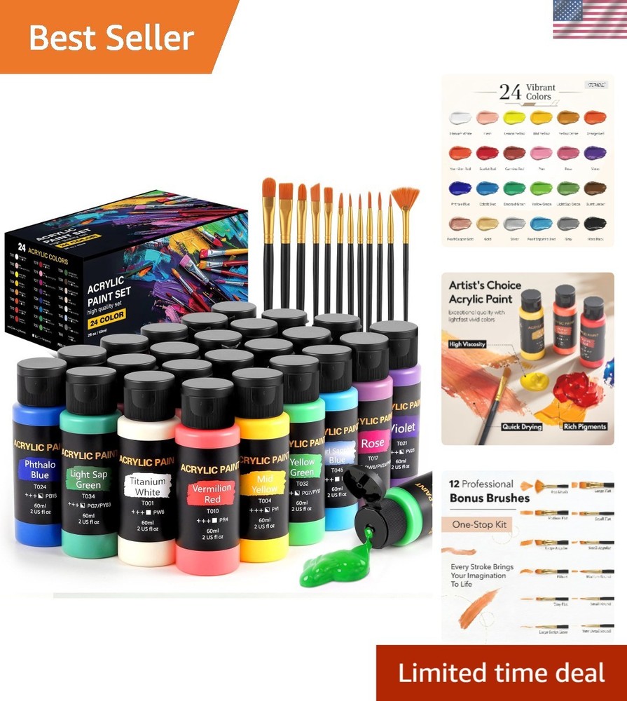Acrylic Paint Set, 24 Colors 2 oz/Bottle with 12 Art Brushes, Art Supplies fo…
