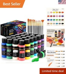 Acrylic Paint Set, 24 Colors 2 oz/Bottle with 12 Art Brushes, Art Supplies fo…