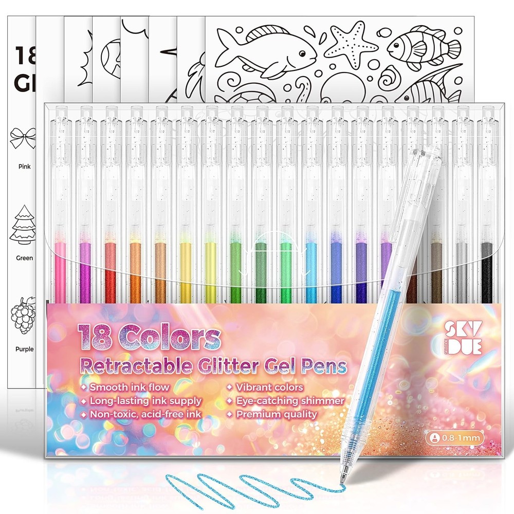 18 Color Glitter Gel Pens Retractable Sparkle Pens for Coloring Journal DIY
