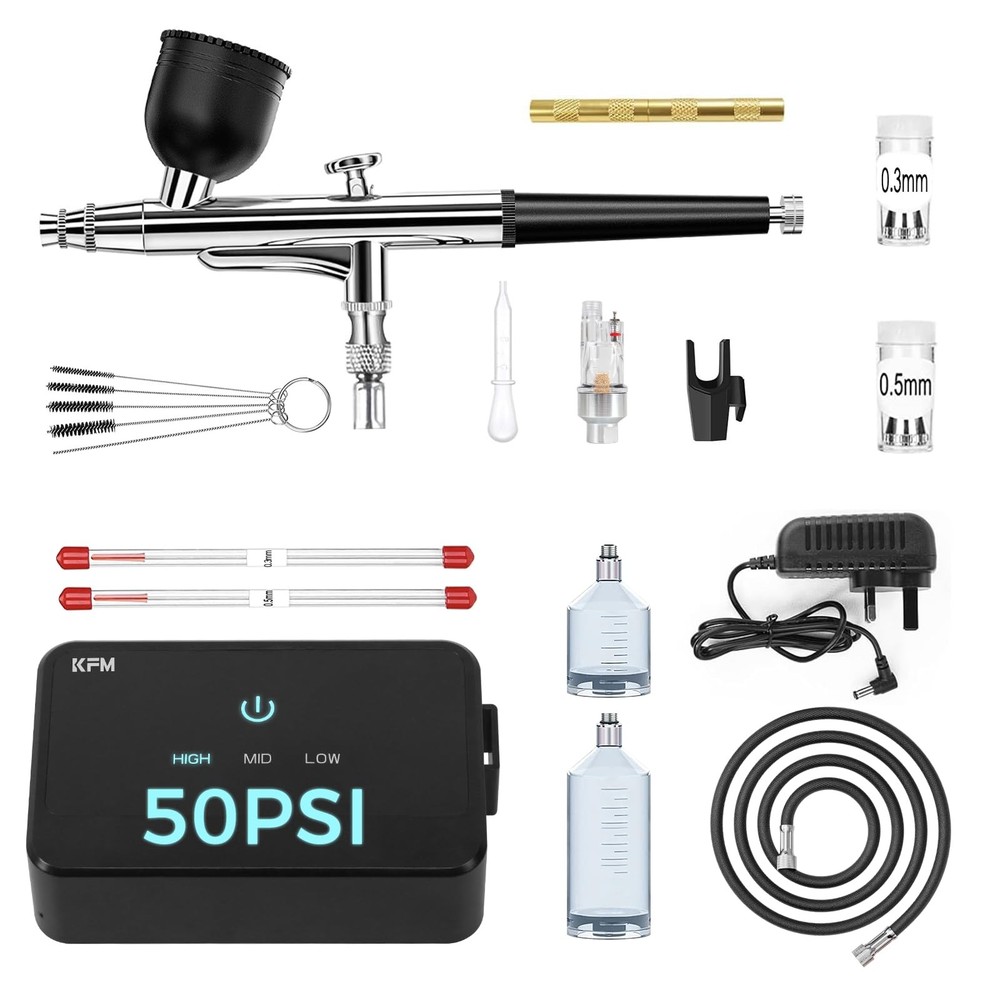 50 PSI Airbrush Set with Compressor, 3 Nozzles & Cleaning Tools for Various Uses