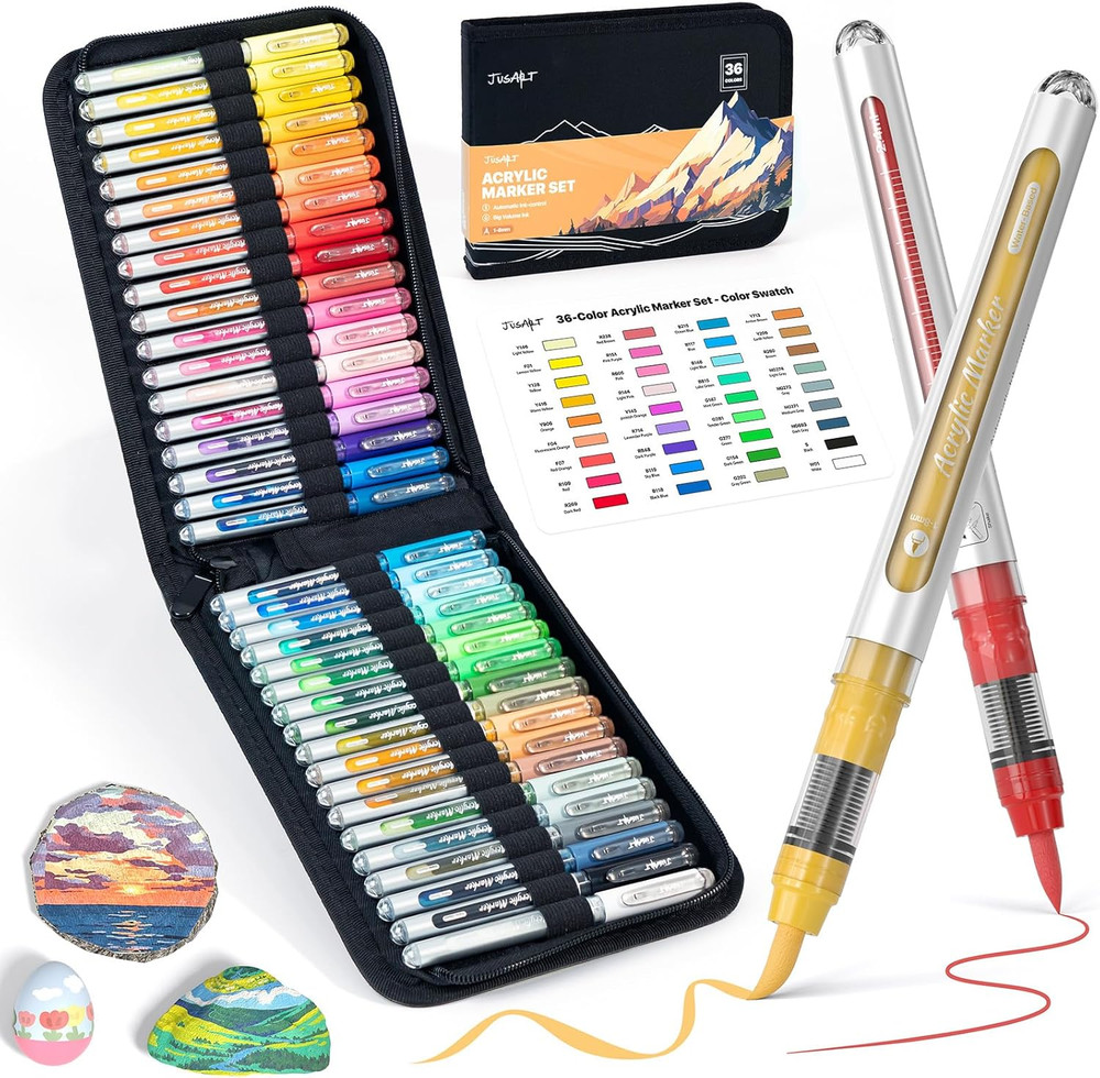 36 Colors Acrylic Paint Markers with Canvas Bag, Water-Based No-Bleed Paint Pens