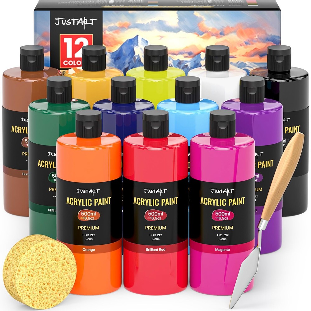 12 Colors Acrylic Paint Bottle Set (500ml/16.9oz), Large Bottles Acrylic Paint