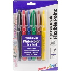Assorted 6 Count Sign Pen Brush Flexible Tip Water-Based Ink Marking Pens