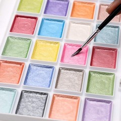 28 Metallic Watercolor Paint Set Glitter Colors Semi-Moist Pearlescent