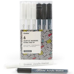 Grabie Black & White Extra Fine Tip Acrylic Paint Marker Set, 6 Pack, 0.7mm A…