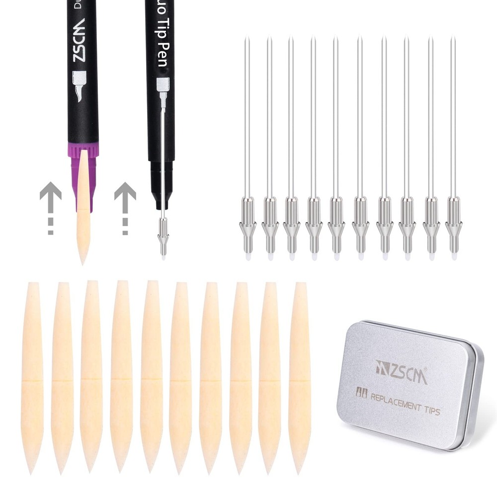 ZSCM Duo Tip Brush Markers Replacement Nib Tips 10 Brush 10 Fineliner Art