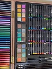 123 Art Set Wood Case 44 Color Sticks 36 Colored Pencils Brushes Eraser & More