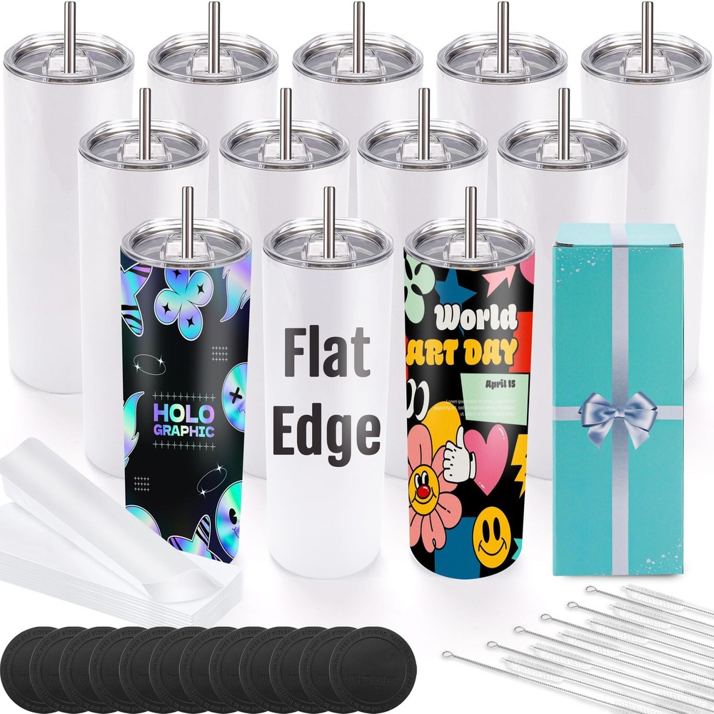 12 Pack Sublimation Tumblers 20 oz Bulk Blank Tumblers Skinny Straight Flat B…