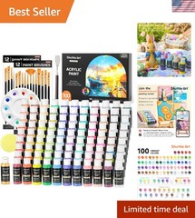 Vibrant 100 Color Acrylic Paint Set with Brushes, Palette & Sponge for All Ar…