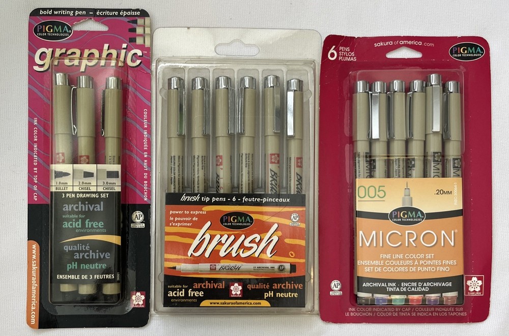 Lot of 15 Sakura Pigma Micron Fine Line Pens, Brush, Colors & Black, NIP Archive