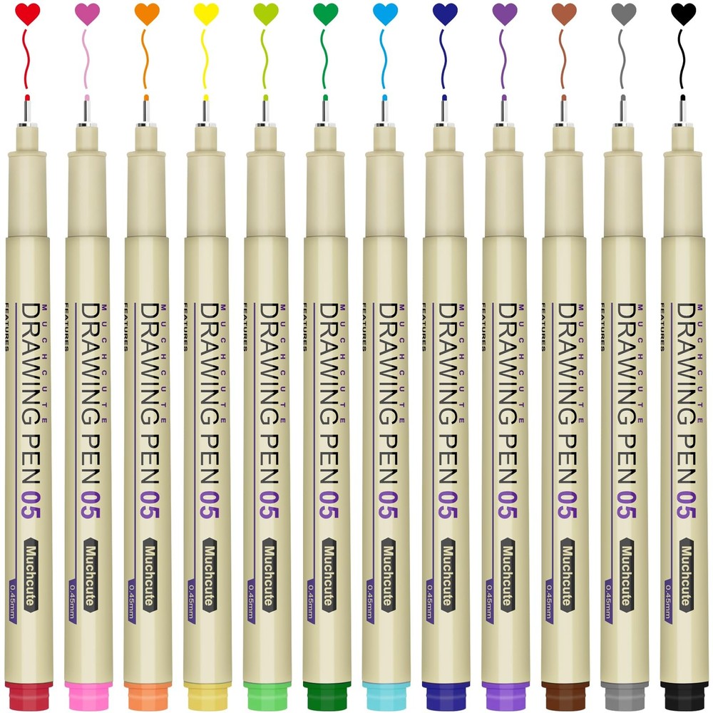 Muchcute 05 Micro Fineliner Drawing Art Pens 12 Colors 0.45mm Extra Fine Point