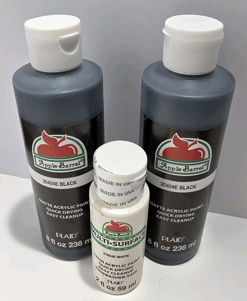Apple Barrel acrylic paint Set. 8oz Matte Black (2) & 2oz Statin White (1)