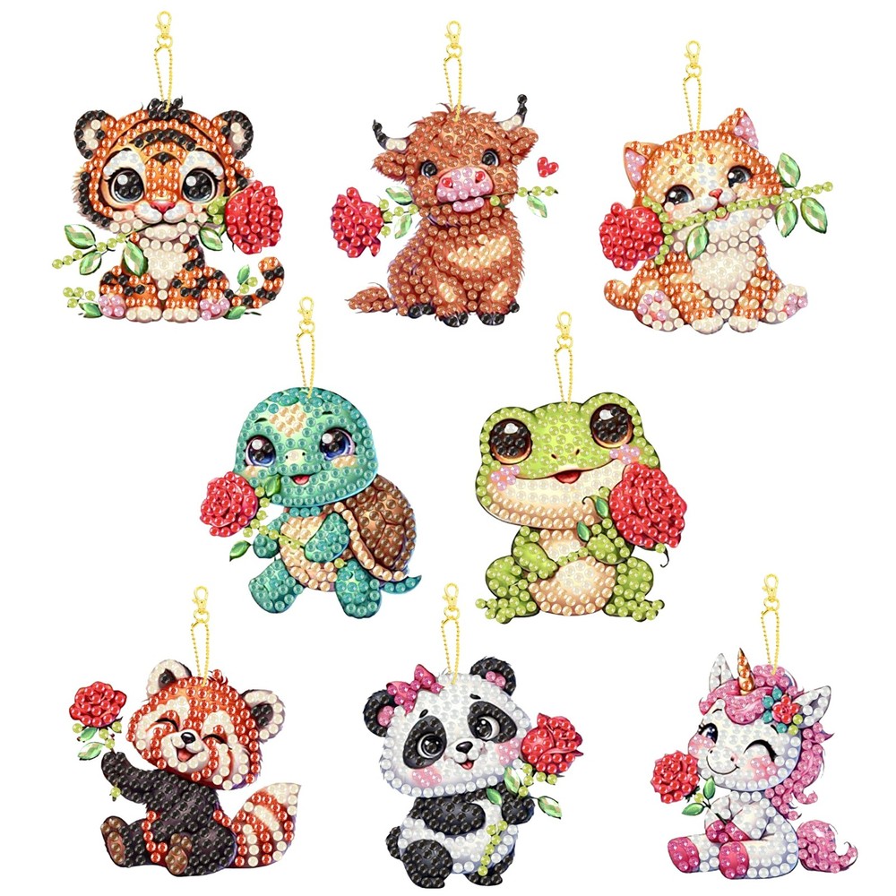 8 Piece 5D DIY Animal Diamond Painting Double Sided Keychain Set, Flower Diamond
