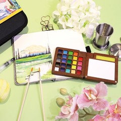 24 Colors Mini Watercolor Travel Set, Portable Watercolor Kit with Water Brus…