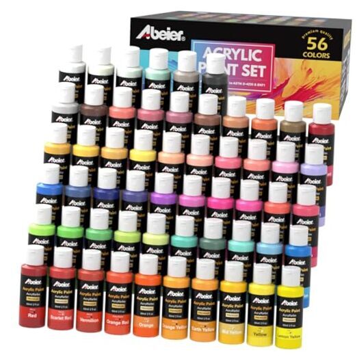 ABEIER Acrylic Paint Set, 56 Colors (2oz/60ml), Matte Finish, Waterproof, Rich