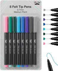 – Felt Tip Pens, 8 Pack, 0.7Mm, Assorted Colors, Fast Dry, Fine Felt Tip